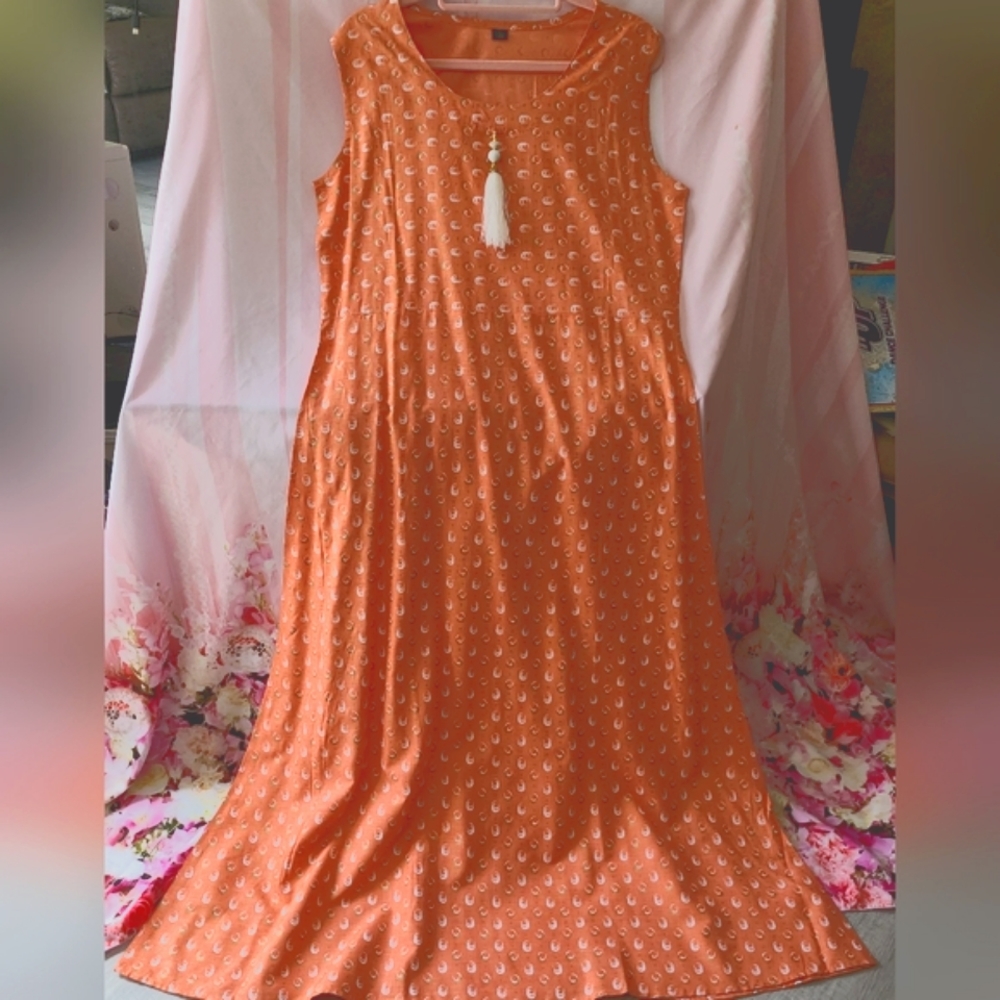 New orange print Rayon Summer Maxi dress with sequins sleeveless vest